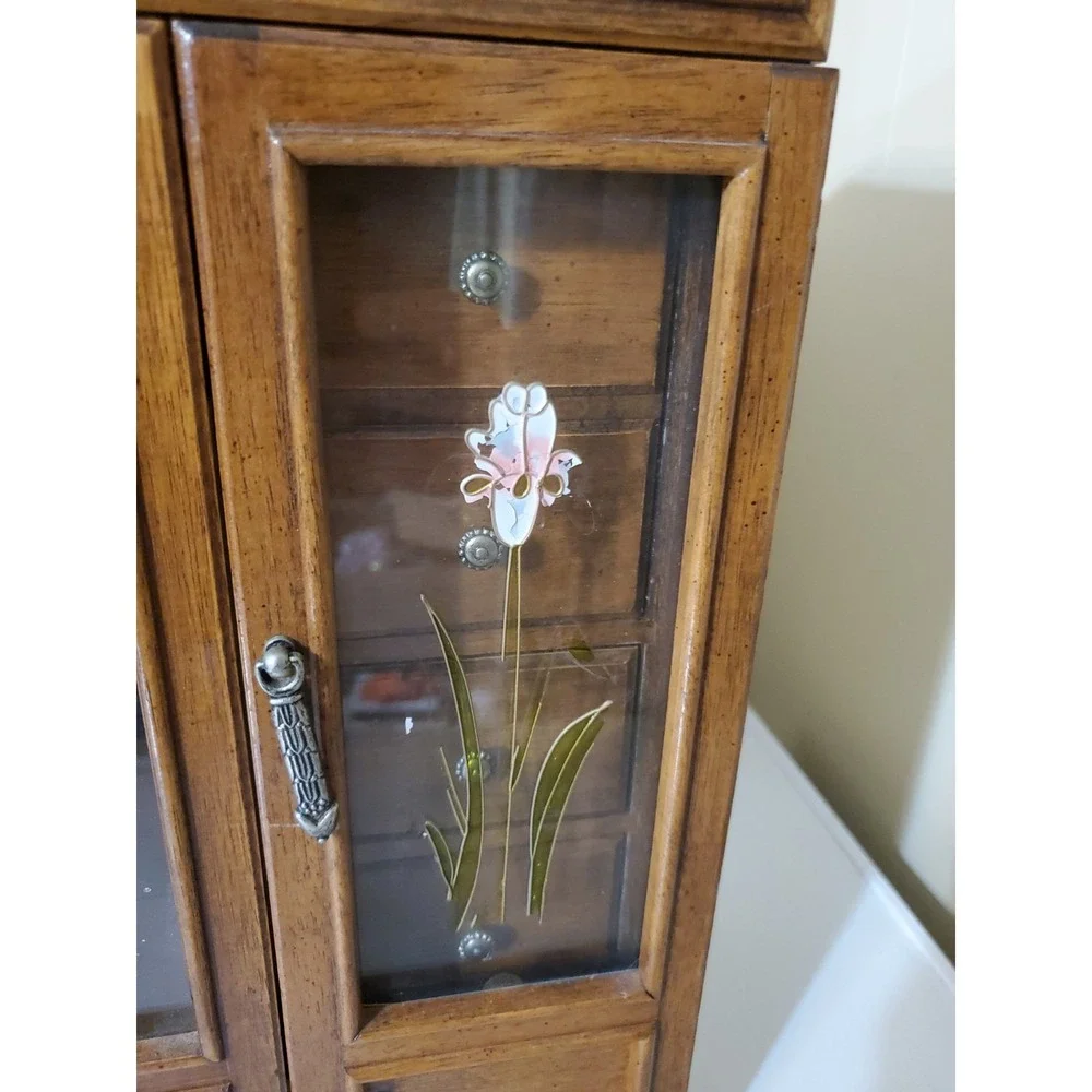 Vtg Tall Jewelry Box With 6 Drawers Mirror Cabinet Hangers Ring & Earring Holder